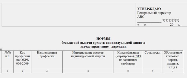 Пример норм СИЗ организации
